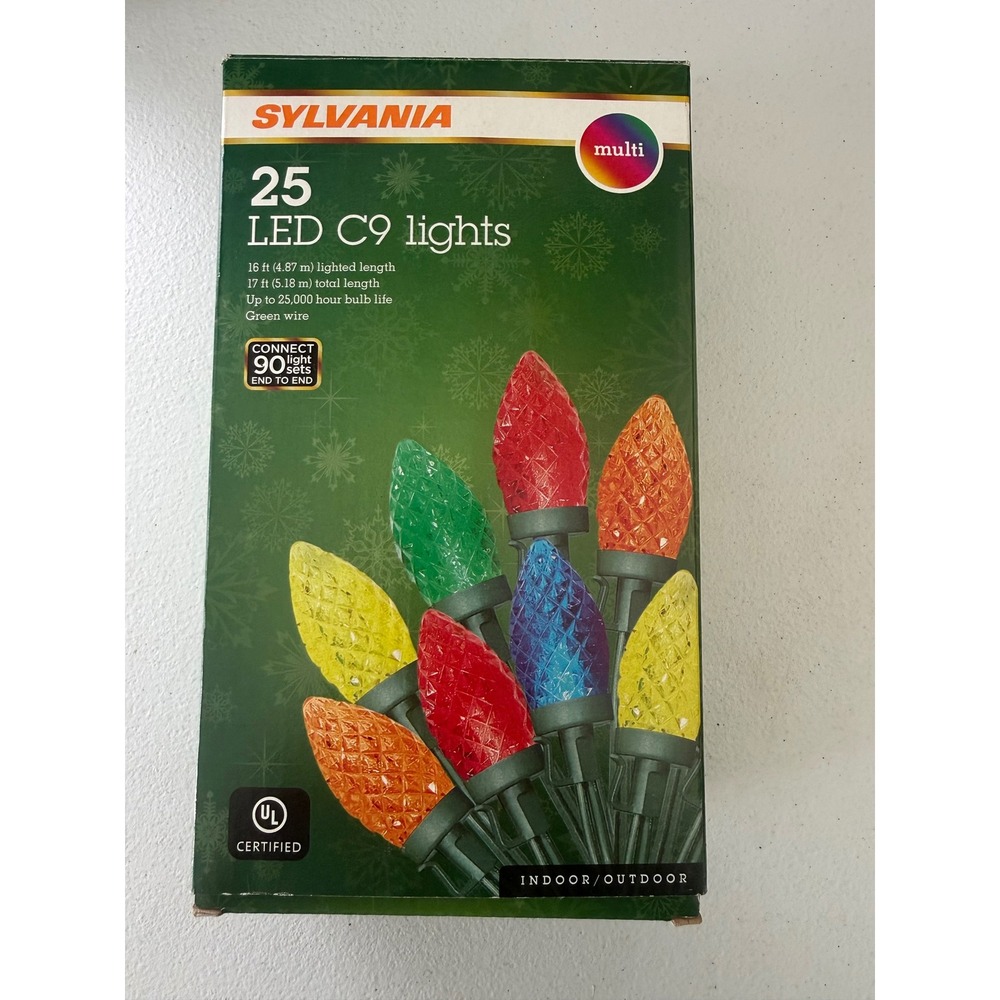 Sylvania 25 LED C9 Lights Multi-Color Indoor Outdoor Christmas 16ft Green Wire